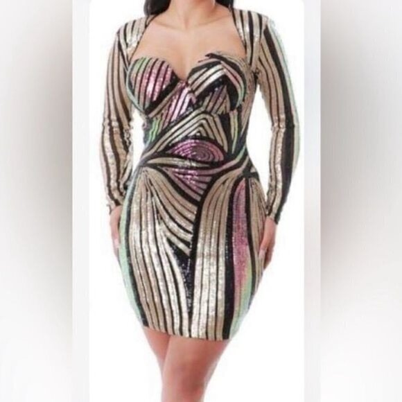 Sequin Fully Lined Sleeve Corset Dress - Picture 2 of 15